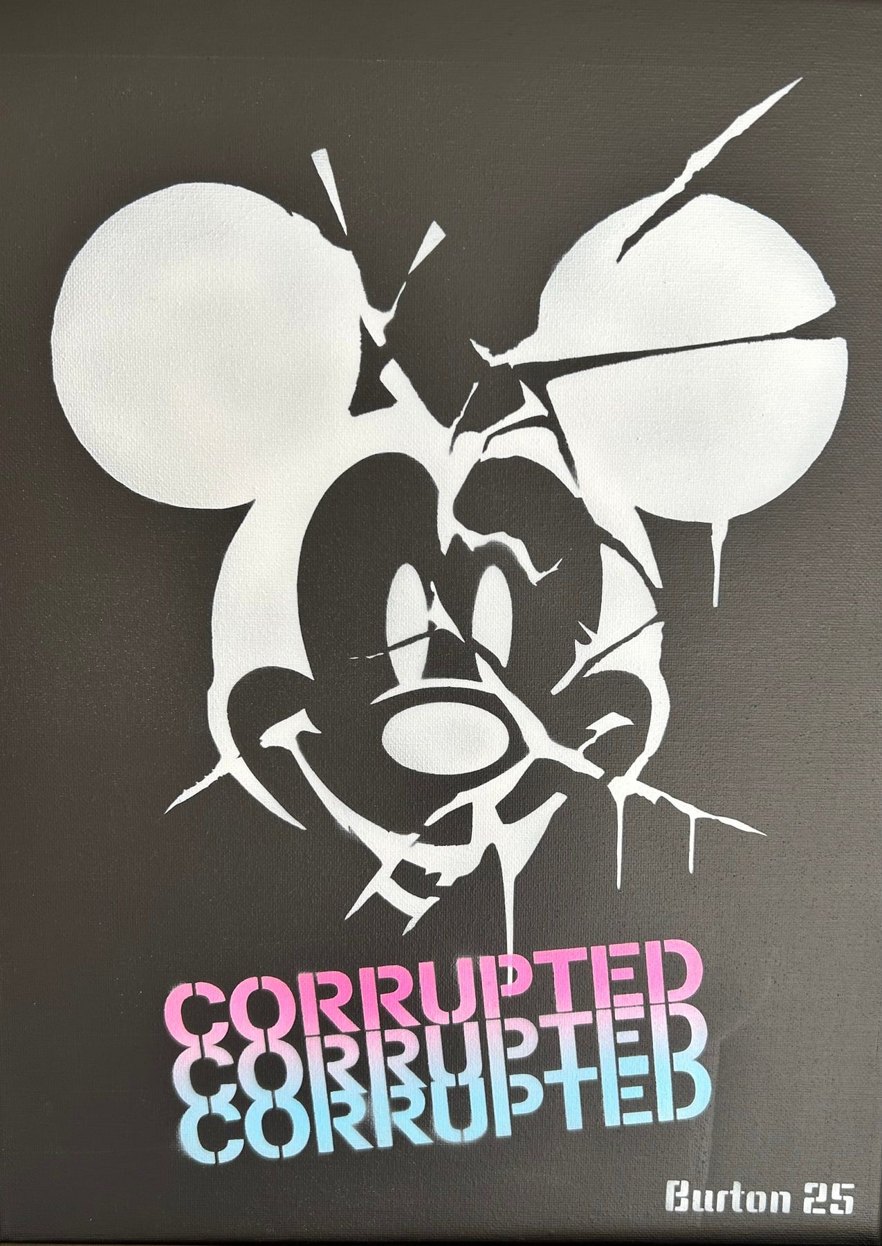 Cracked Mickey Mouse stencil in white on black with Corrupted lettering in a pink-to-blue fade.