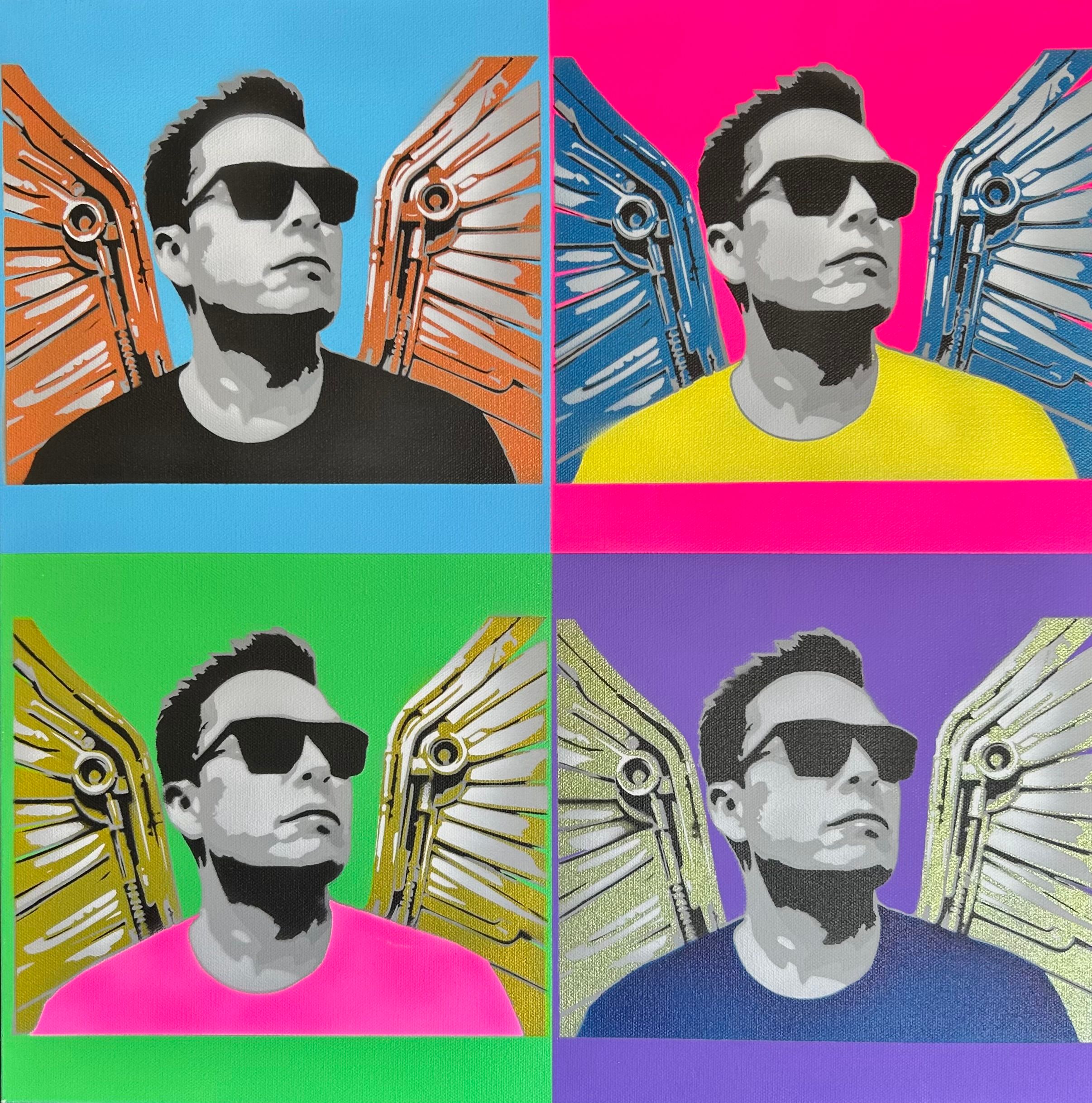 Warhol-style four-panel pop art portrait of Elon Musk in sunglasses with cybernetic wings, in bold contrasting colors.