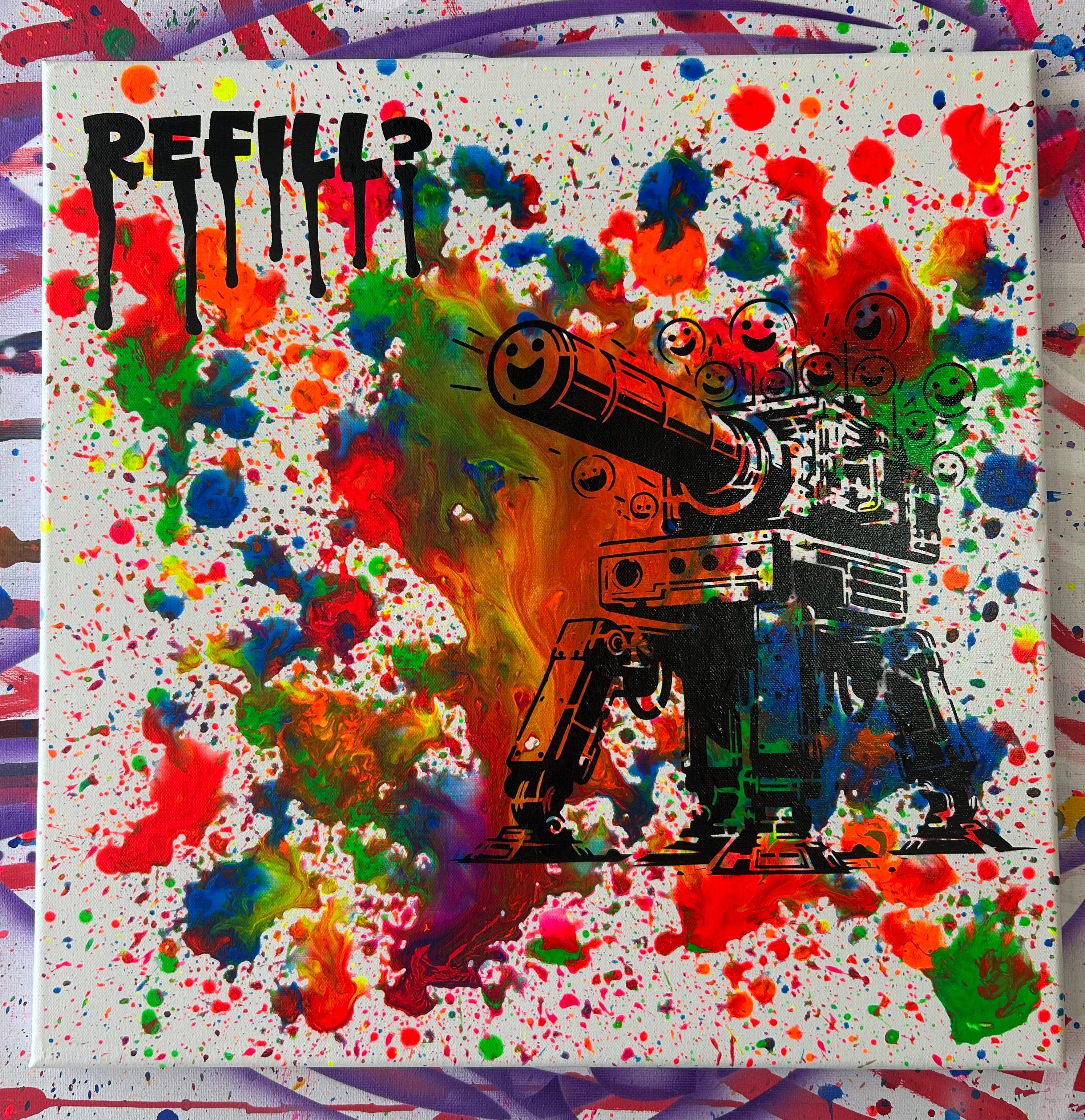 Splatter pop art of a machine built from smiley-face pills firing upward, with the word "Refill?" on a white background.