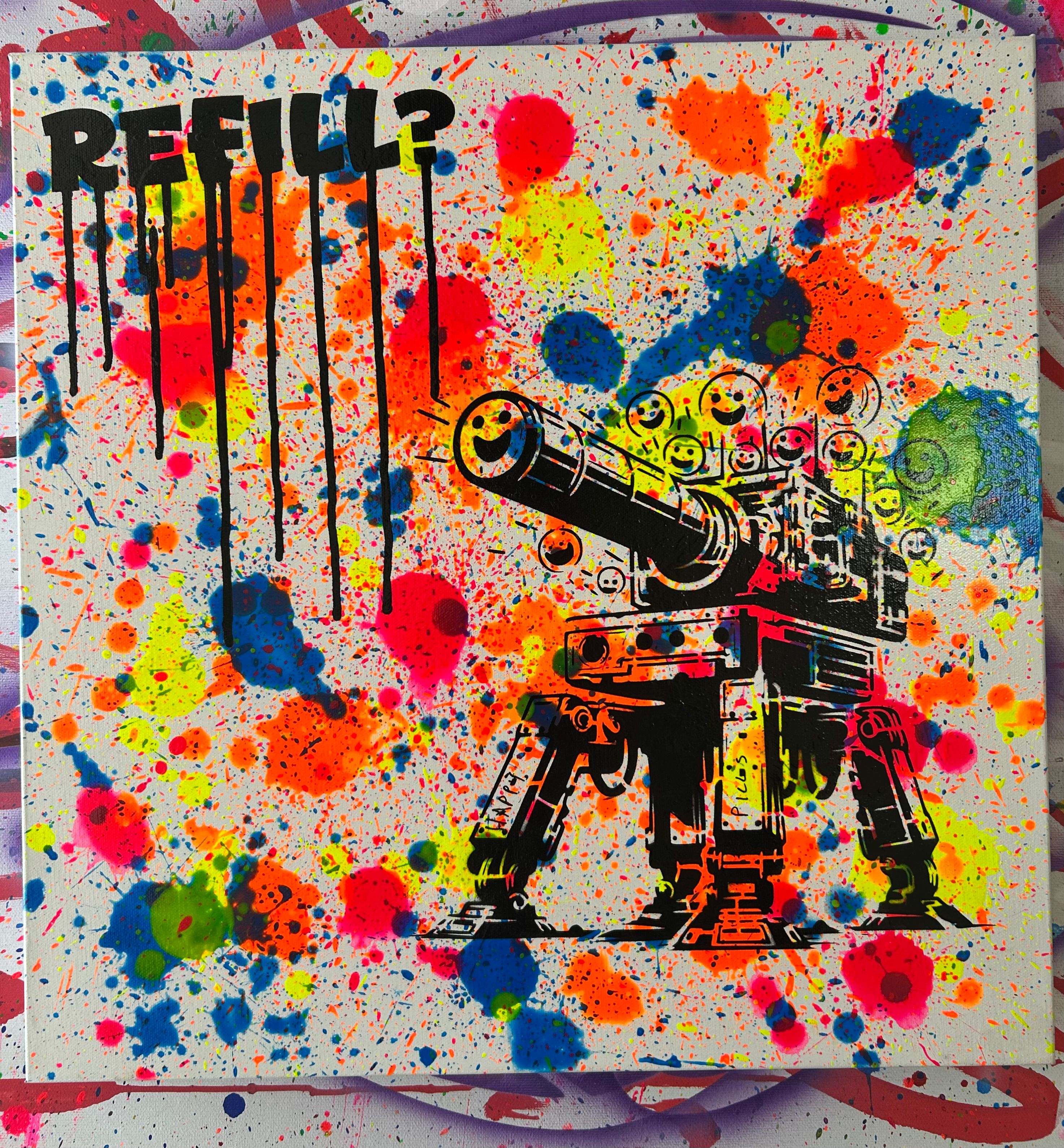 Pop art of a smiley-face-pill cannon amid colorful smoke and paint splatter, with the word "Refill?"