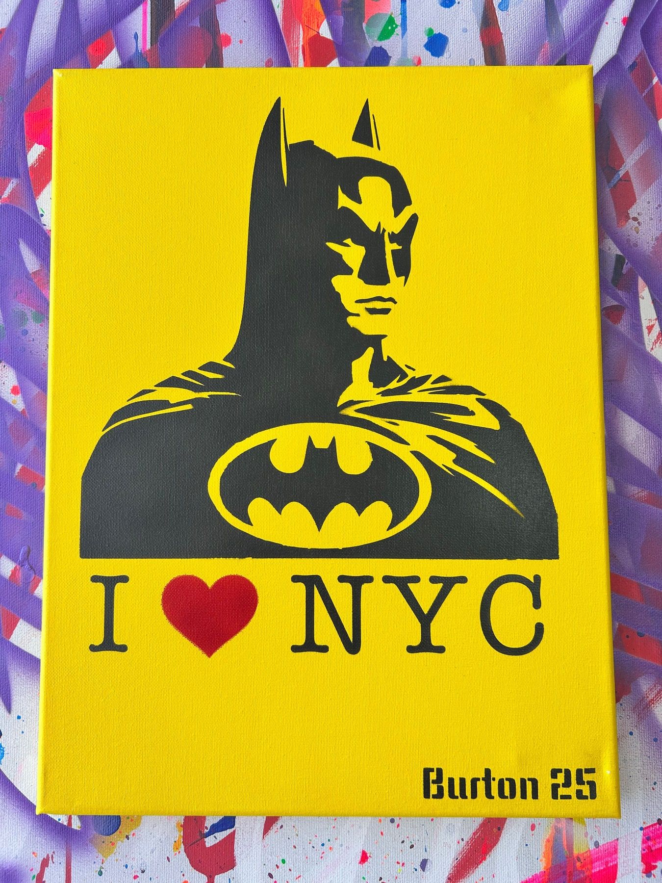 Bold yellow pop art riff on the I Love NY design, street-art stencil style.