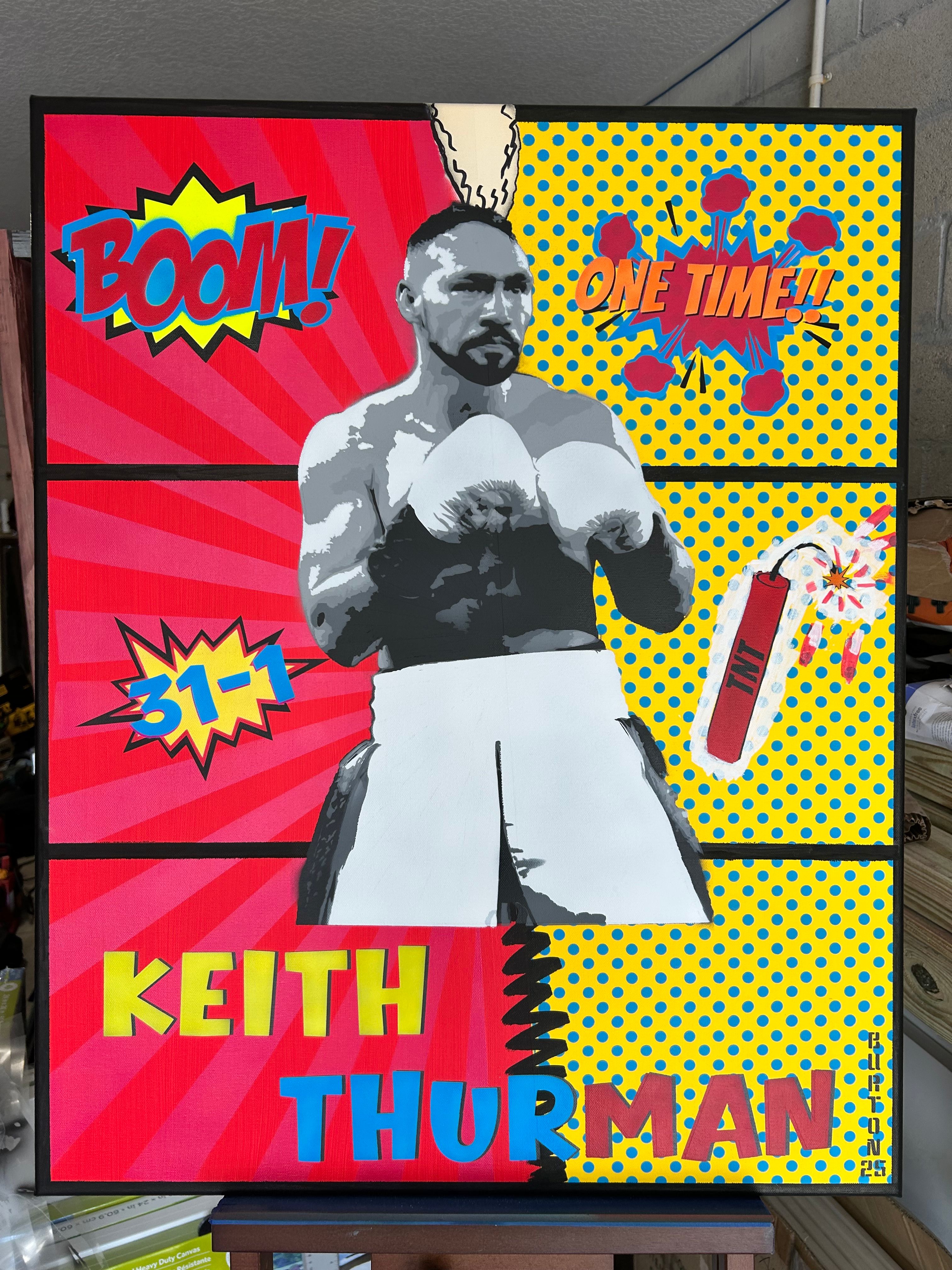 Comic-style pop art portrait of boxer Keith "One Time" Thurman with "BOOM!", "TNT," and a 31-1 record in a halftone comic-panel layout.