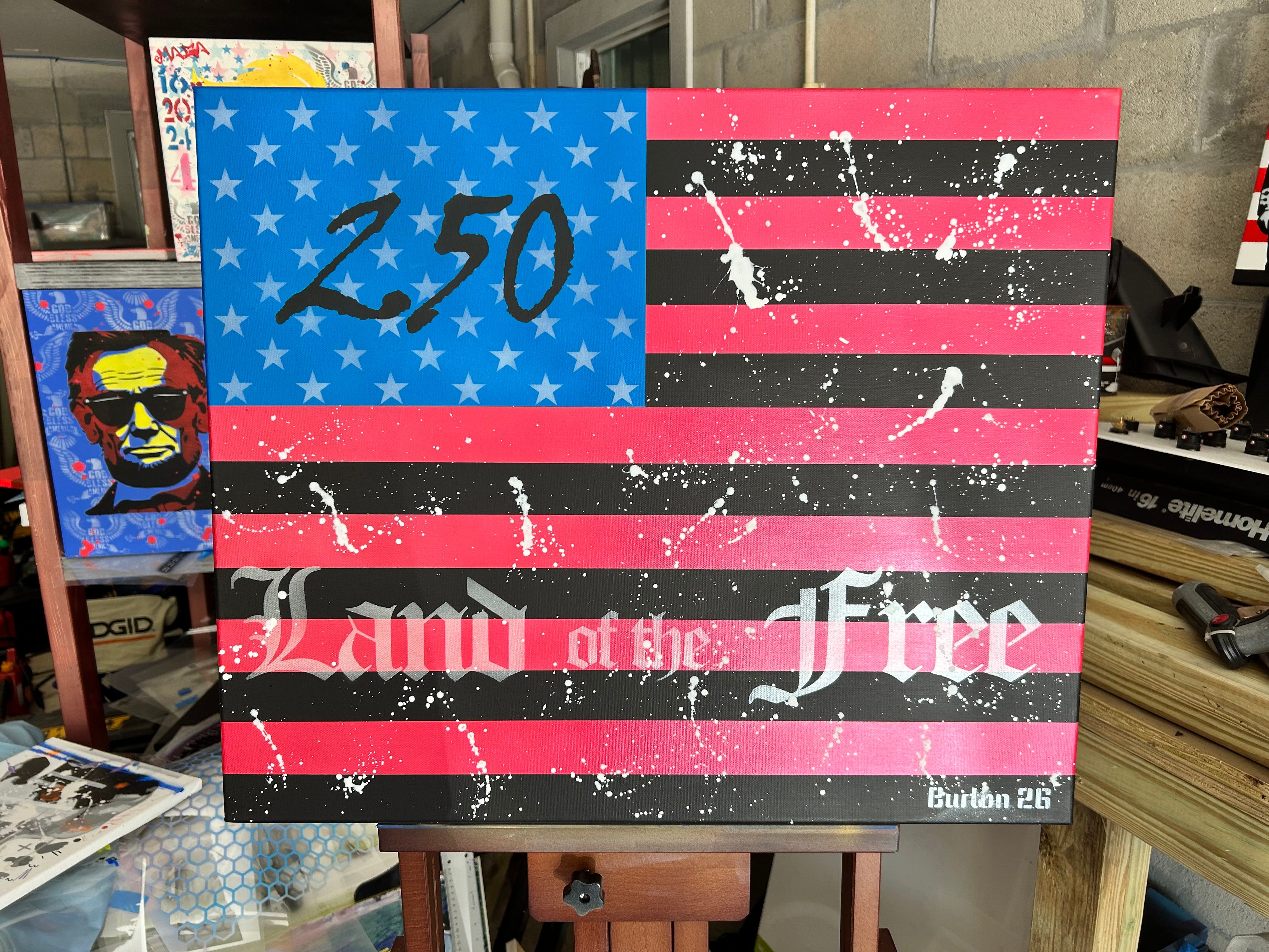 Pop art American flag in pink and black with white paint splatter and the text "Land of the Free" and "250."