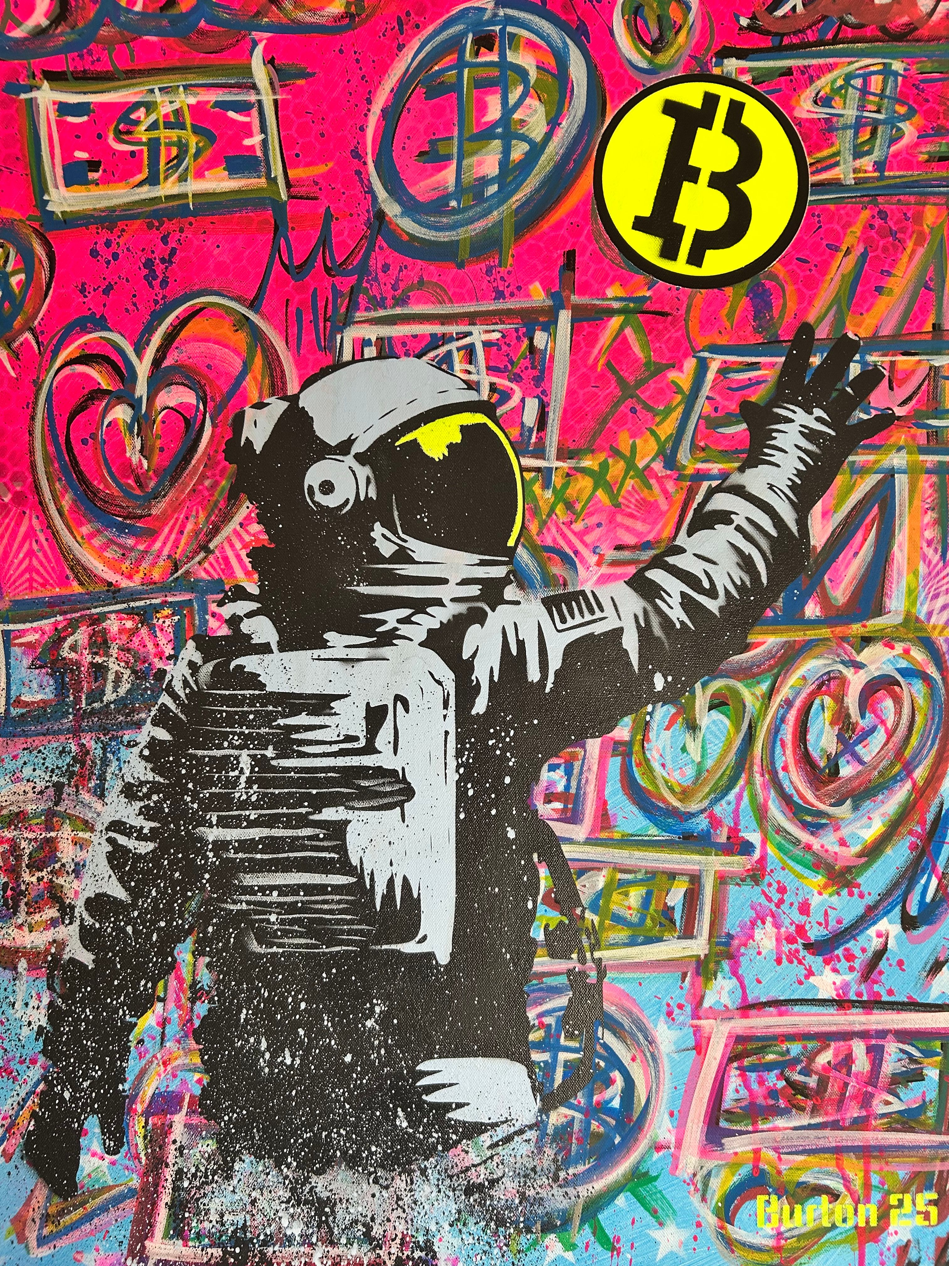 Pop art of a black-and-white astronaut reaching upward against a graffiti background of hearts and a yellow Bitcoin symbol.