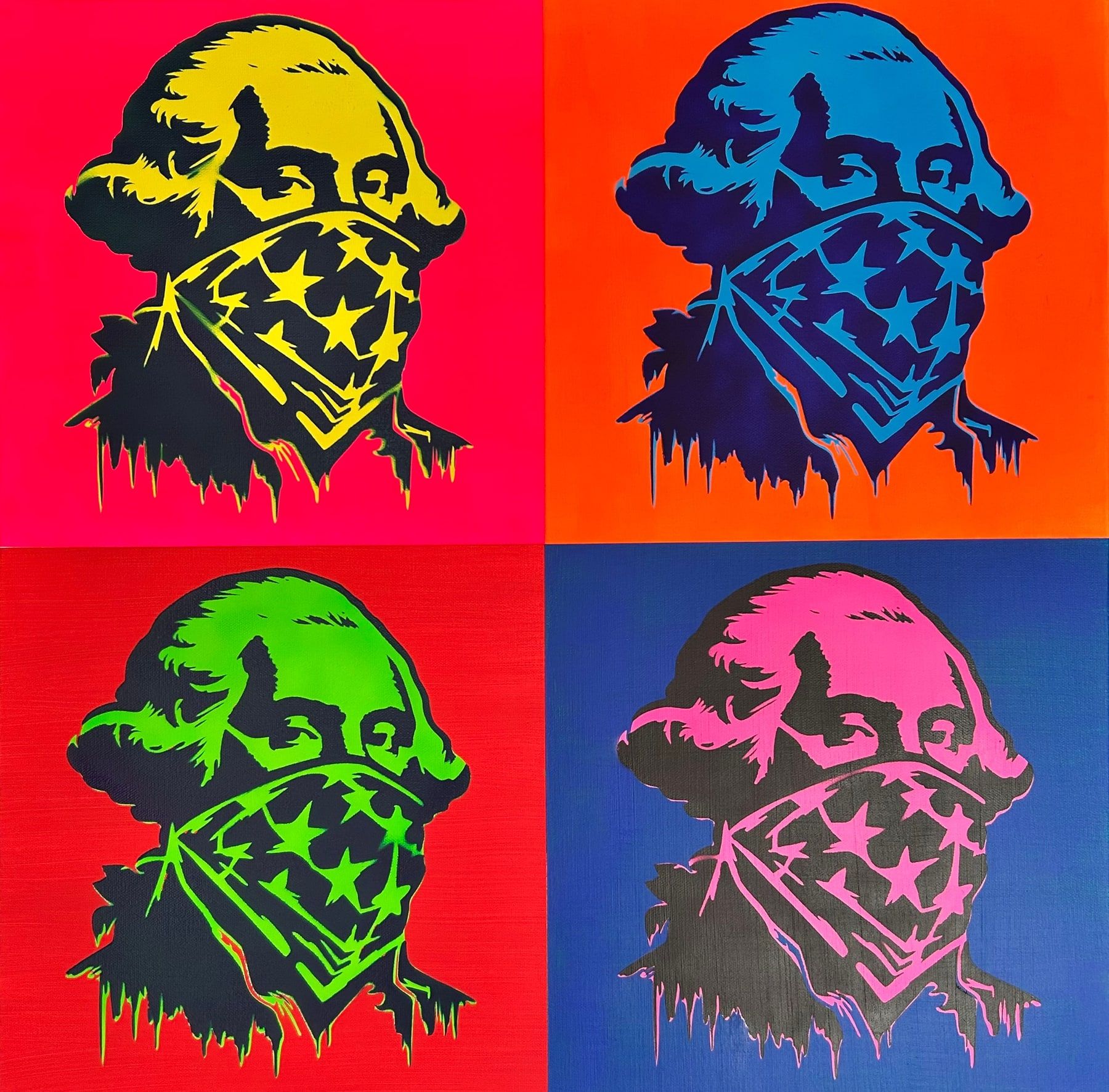Four-panel Warhol-style pop art of George Washington in an American-flag bandana like an outlaw, in bold contrasting colorways.