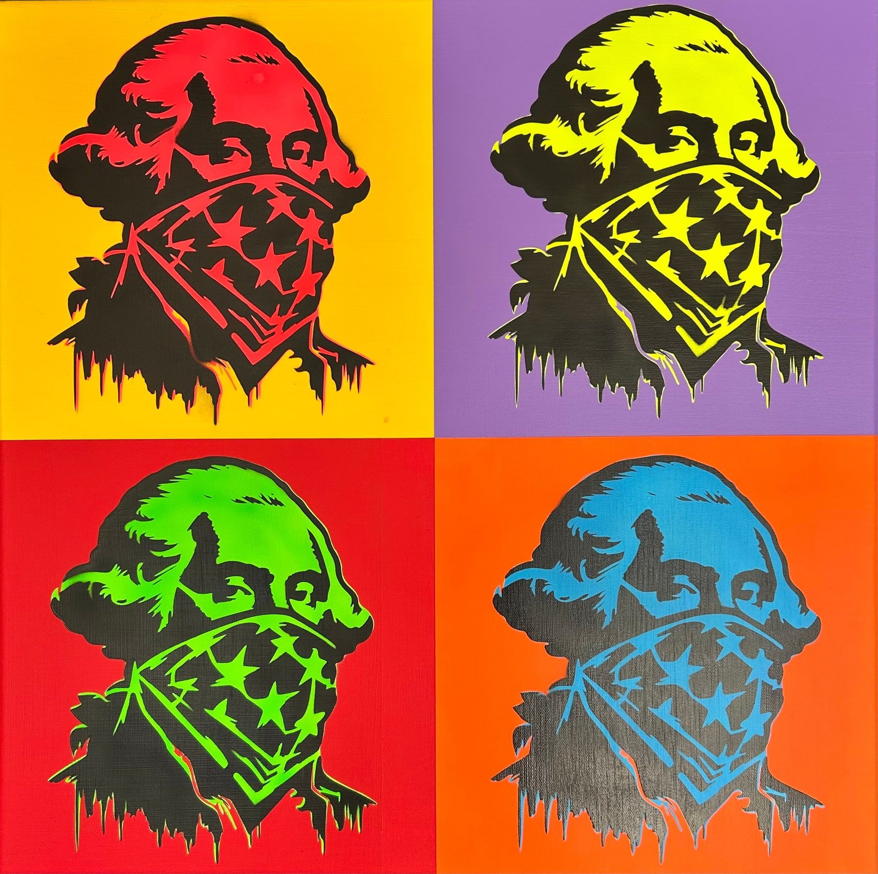 Four-panel pop art of George Washington in an American-flag bandana, in yellow, purple, green, and orange colorways.