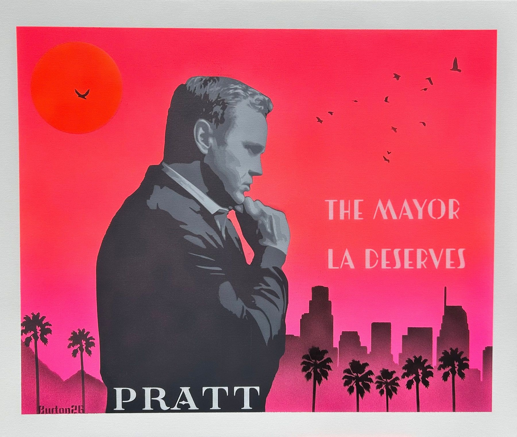 Pop art portrait of Spencer Pratt in a suit against a pink Los Angeles skyline at sunset, with the text "The Mayor LA Deserves."