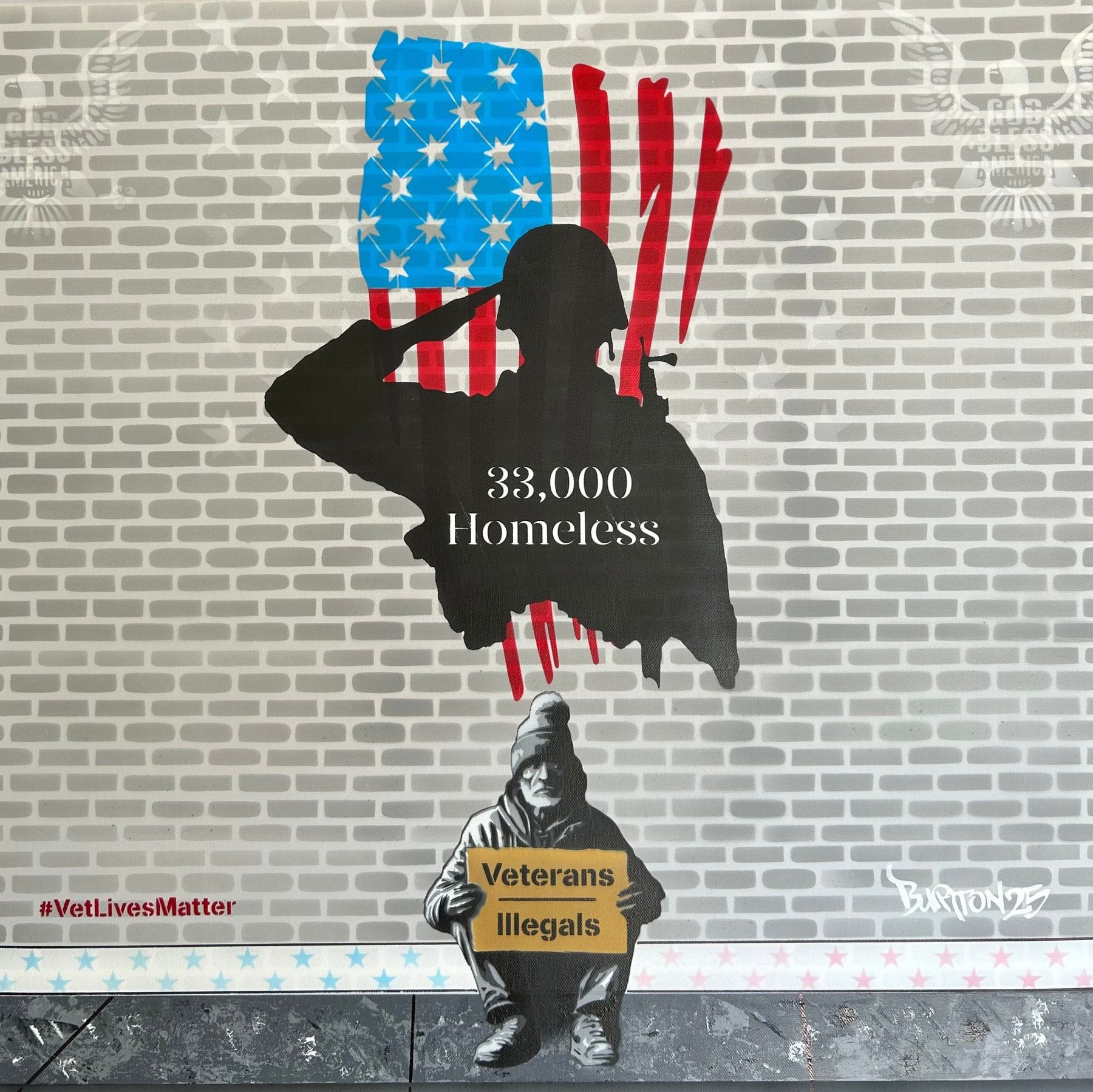 Stencil art of a saluting service member silhouetted against an American flag on a brick wall, with a veteran holding a protest sign.