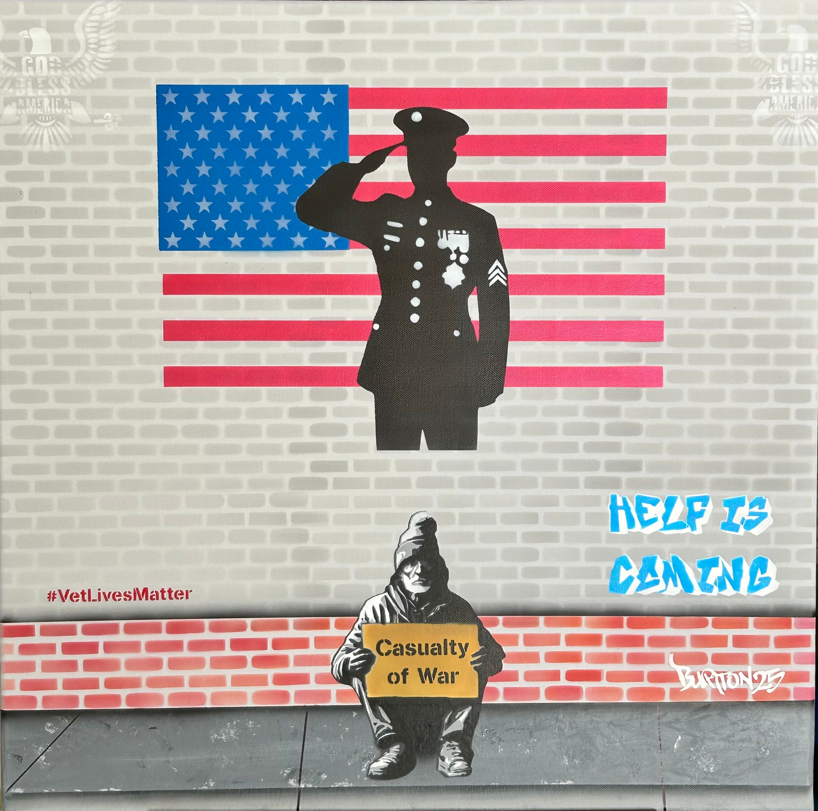 Stencil pop art of a saluting service member against an American flag, with the message "Help Is Coming" and "#VetLivesMatter."