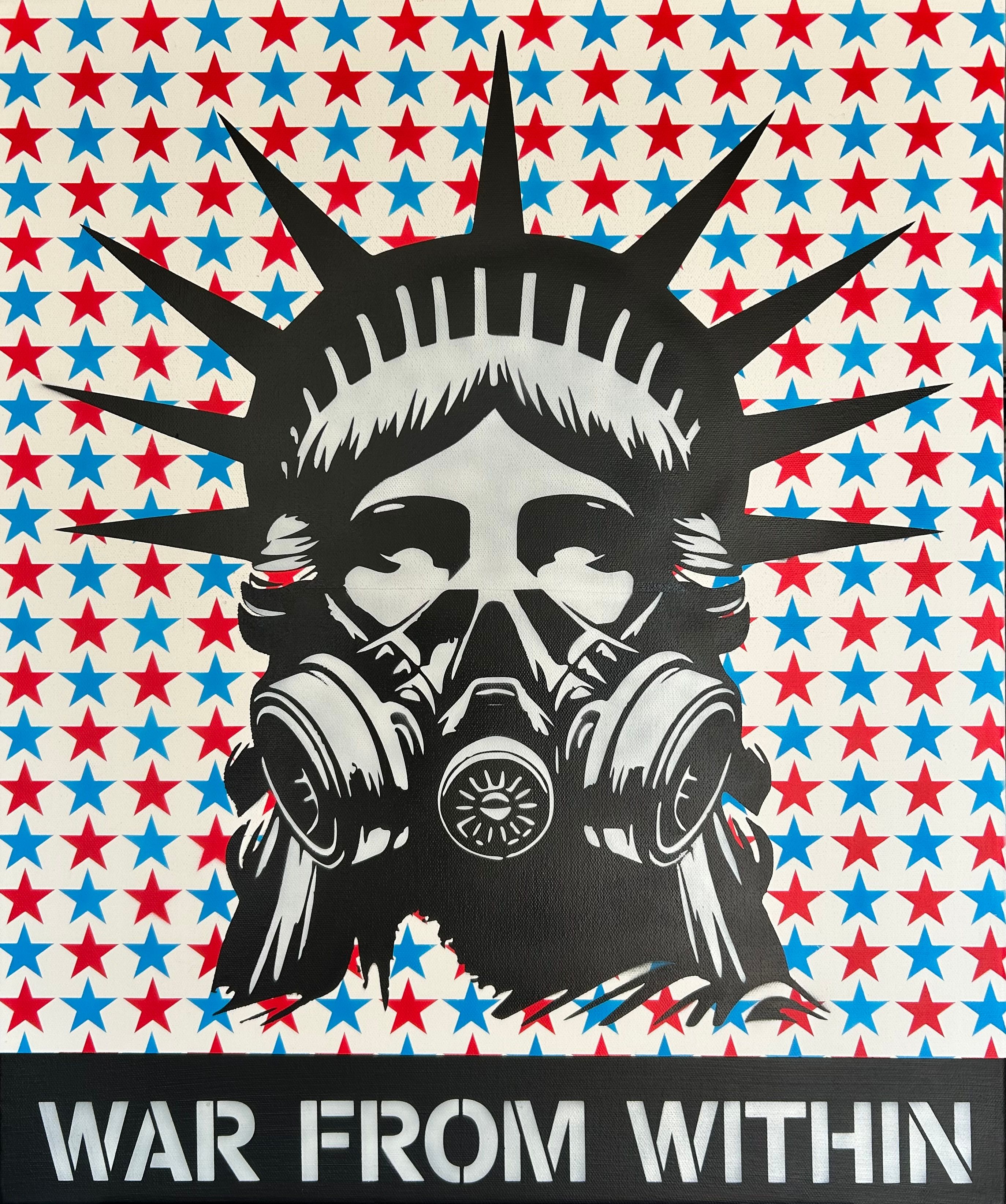 Pop art of the Statue of Liberty in a gas mask on a red, white, and blue star-patterned background.